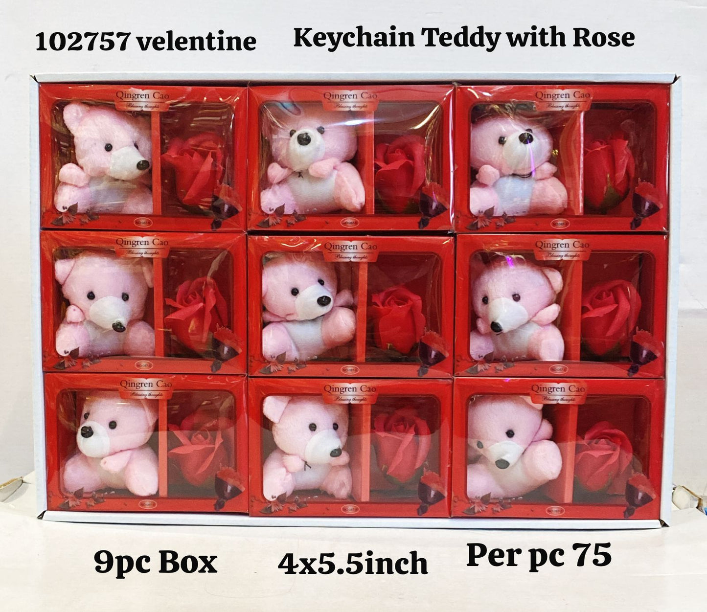 102757 valentine keychain teddy rose 9pc box(4x5.5inch)