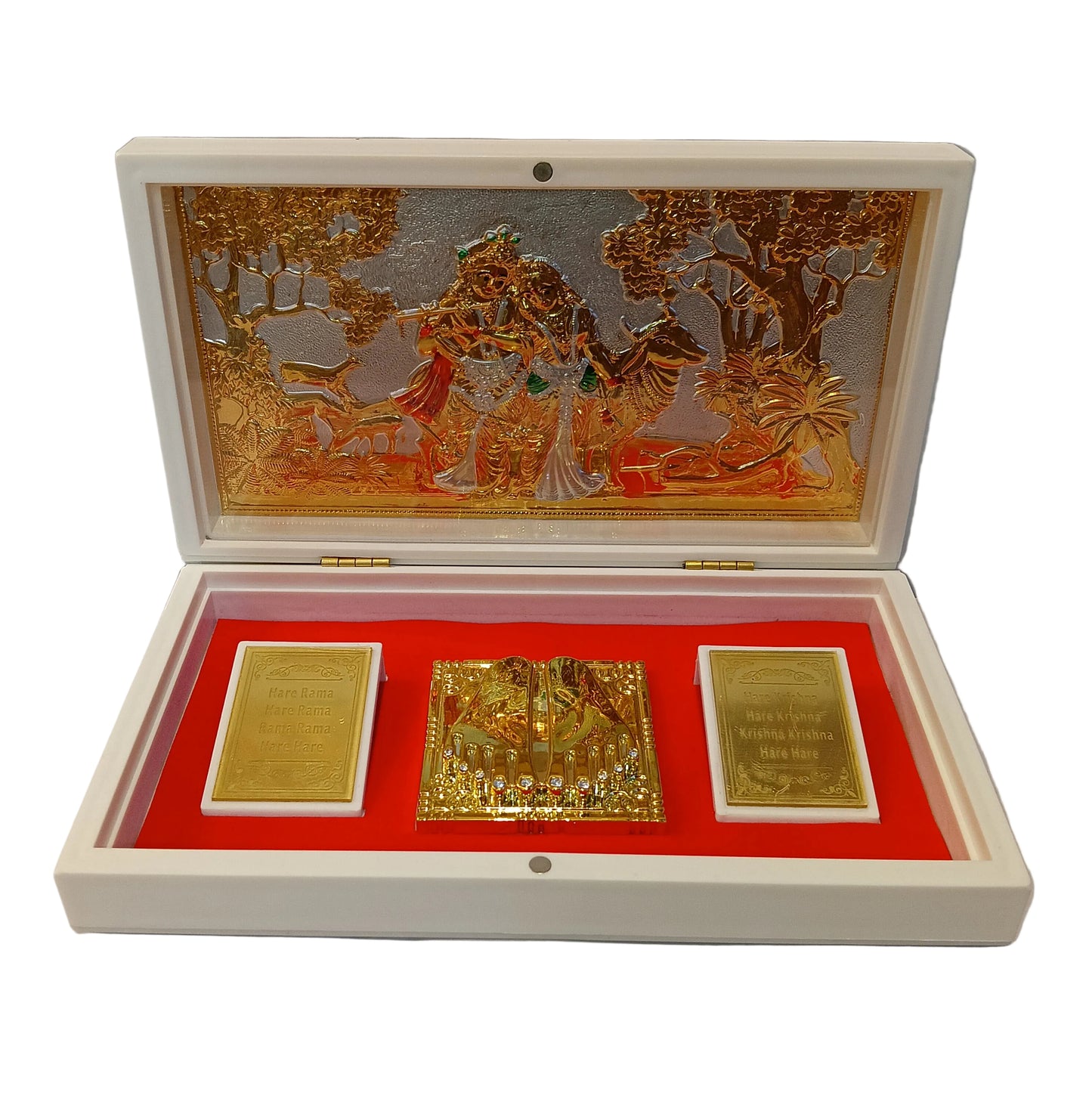 Gold plated Charan paduka cow Radha Krishn (5x8.5inch)