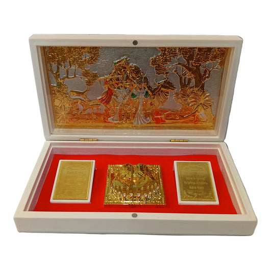 Gold plated Charan paduka cow Radha Krishn (5x8.5inch)